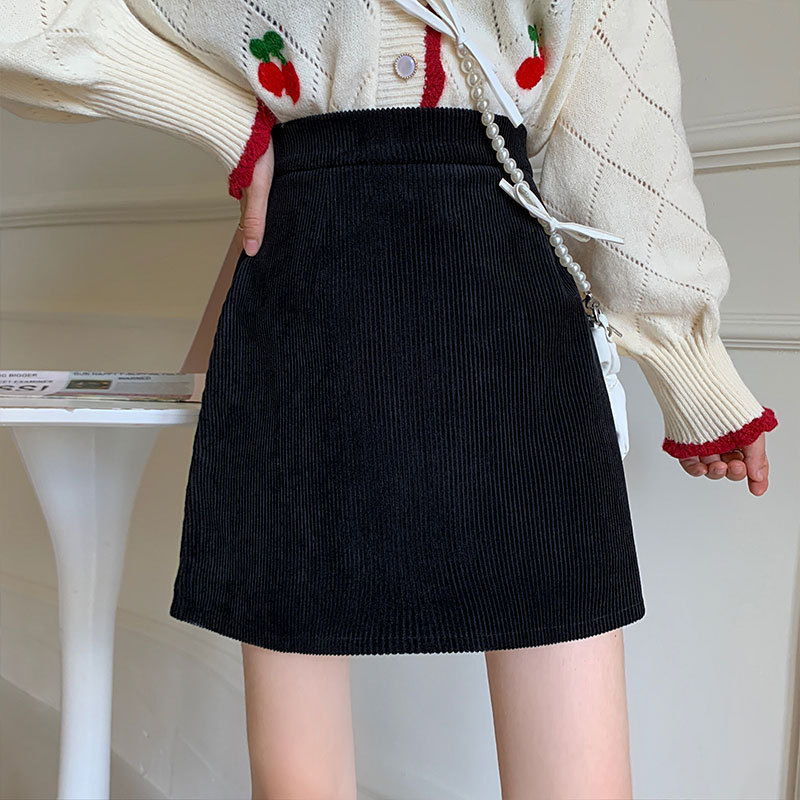 A- line Skirt Slim-proof Slim-proof Skirt Female 22 High Waist Corduroy Short Skirt for Small in Autumn and Winter 20 Hip-wrap Skirt