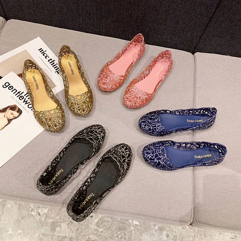 Picture of Hollow closed toe sandals summer shiny crystal dance shoes jelly shoes flat soft bottom hole beach shoes women Wholesale