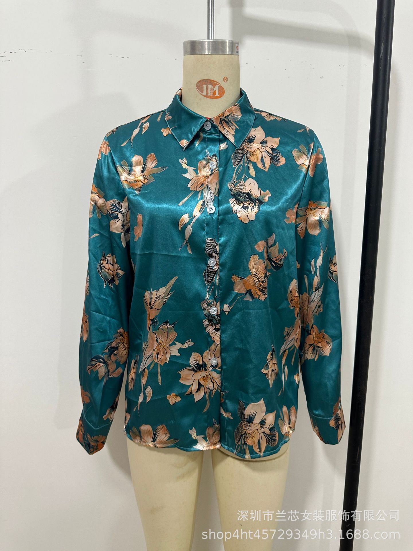 Picture of [Standard Code] Golden Lotus Print Shirt Spring and Summer Lapel Style Satin Slim Long Sleeve Professional Shirt