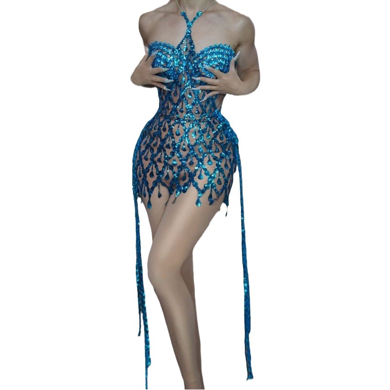 STOCK Cross-border Hot Sexy Neck dress Rhinestone Sequins Hip Dress Night Dress Gogo Clothing