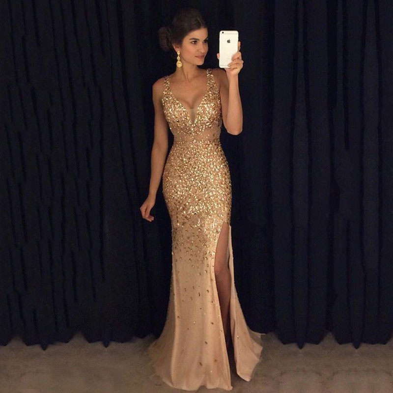 Picture of 2025 Amazon Spring New European and American Foreign Trade Women's Slit Gold Dress Long Skirt Evening Dress