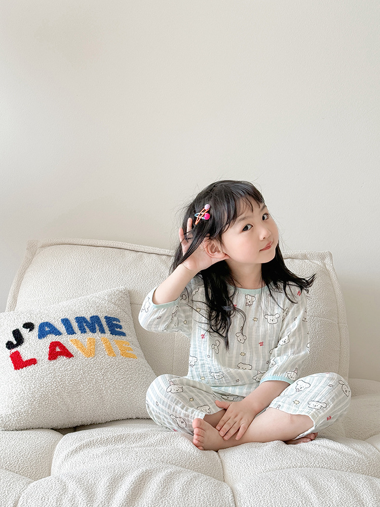Picture of 2025 Children's Air Conditioning Home Clothes Cartoon Double-Layer Cotton Yarn Pajamas for Boys and Girls Pure Cotton Summer Thin Sleeve suit