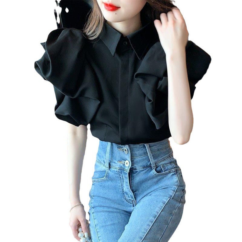 Picture of 2024 Summer New Petal Puff Sleeve Inner Top Women's Design Niche Retro Lapel Short Shirt