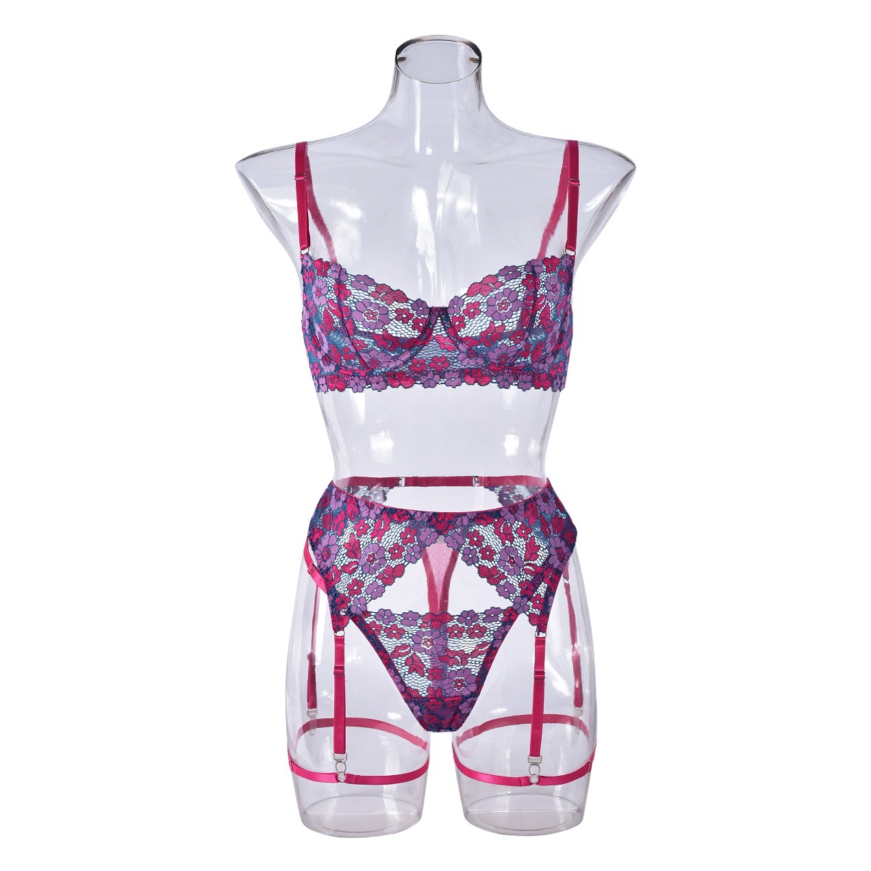 lingerie European and American cross-border hot sexy lingerie backless bra sexy contrast color temptation embroidery 4-piece set