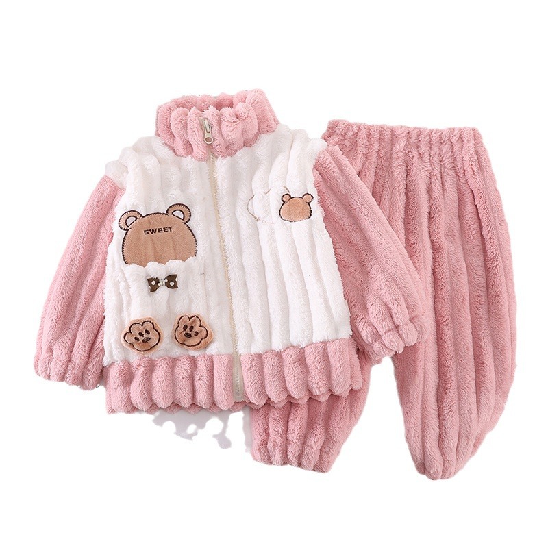 Picture of Boys and Girls Winter Home Clothes Zipper Shirt suit New Baby Outfit fleece-lined Thickened Bear Pajamas Two-piece Set
