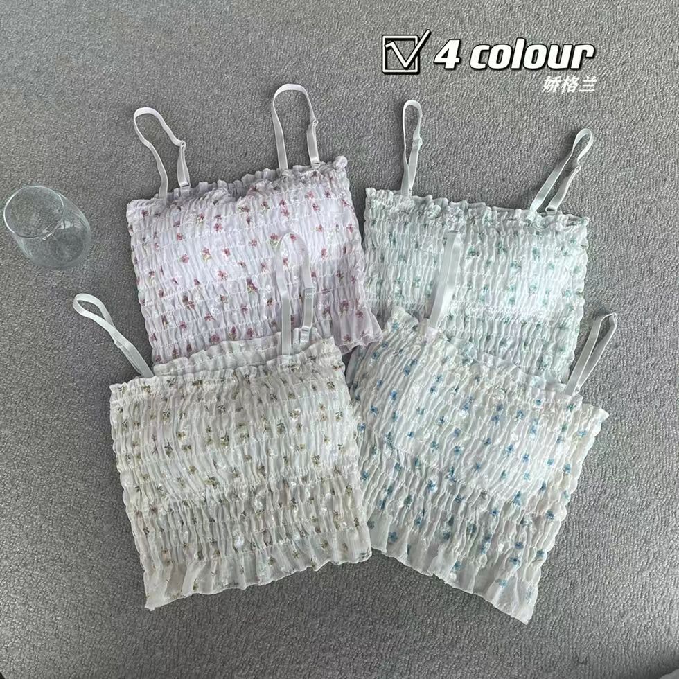 Picture of Design pleated floral camisole women's chest pad tube top beauty back outer wear slimming sweet spicy bottoming top summer
