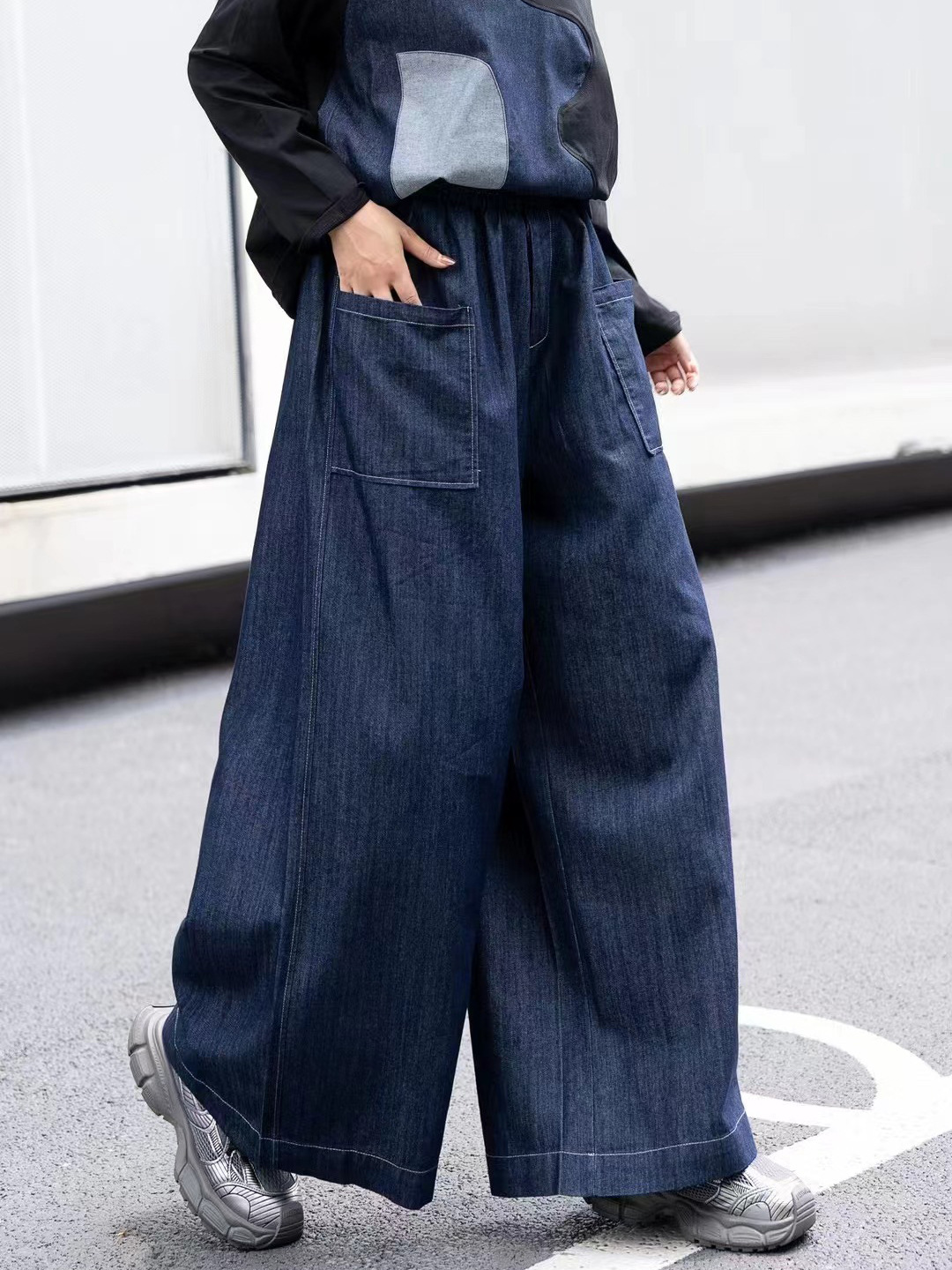 240830 wide leg pants 2024 autumn new open line design sense simple fashion large pocket jeans trendy vintage
