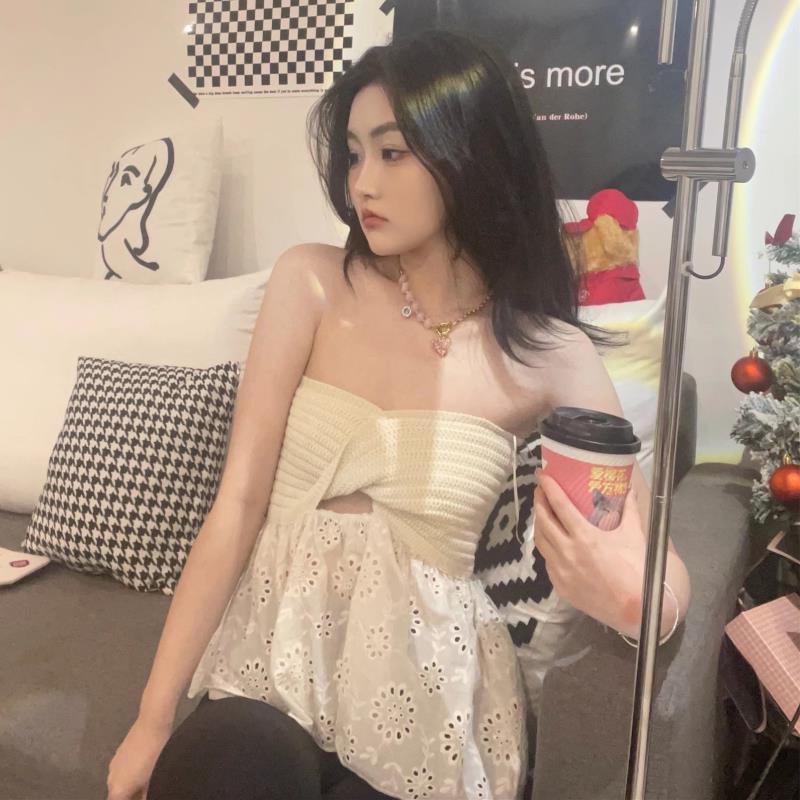 Pure Desire Hot Girl Design Sense Strapless 2022 Summer Hollow-out Knitted Stitching Backless Top for Women