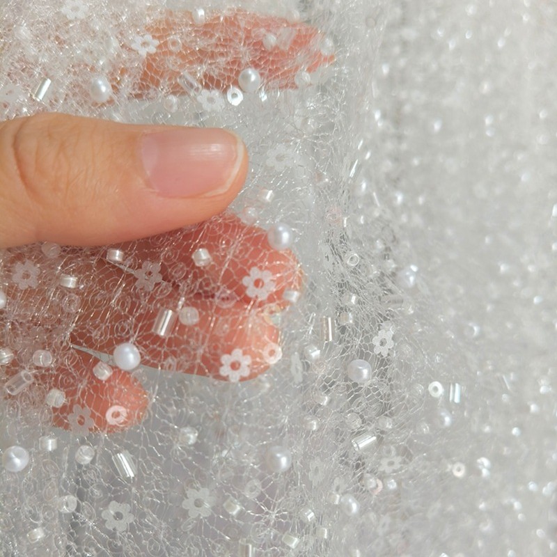 Foreign Trade Wedding Dress Beaded Sequin Embroider Lace Fabric High-Definition Wedding Dress Transparent Mesh Fabric Decorative Fabric
