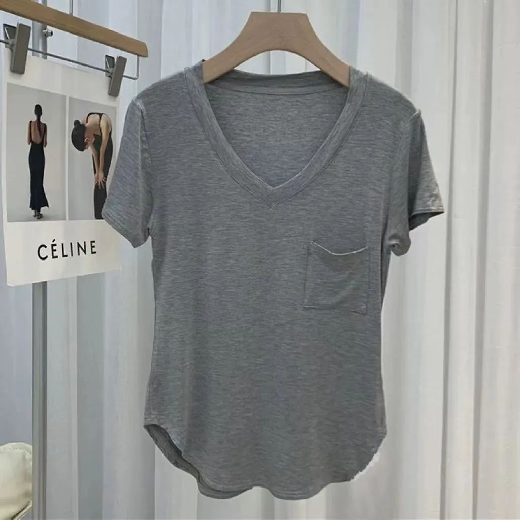 Draped Collarbone Short-sleeved T-shirt Women's 2024 Summer New Korean Style Loose Pure Desire V-neck Top Ins Trendy