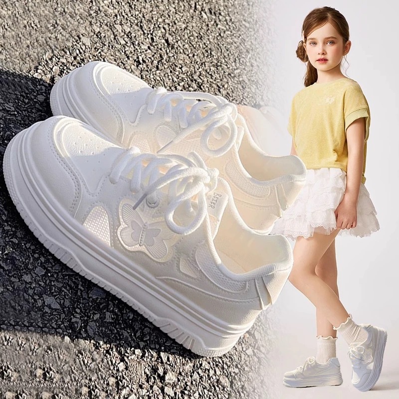 Girls Shoes 2025 New Summer Breathable Soft Sole All-match White Shoes Princess Board Shoes Mesh Children's sneaker