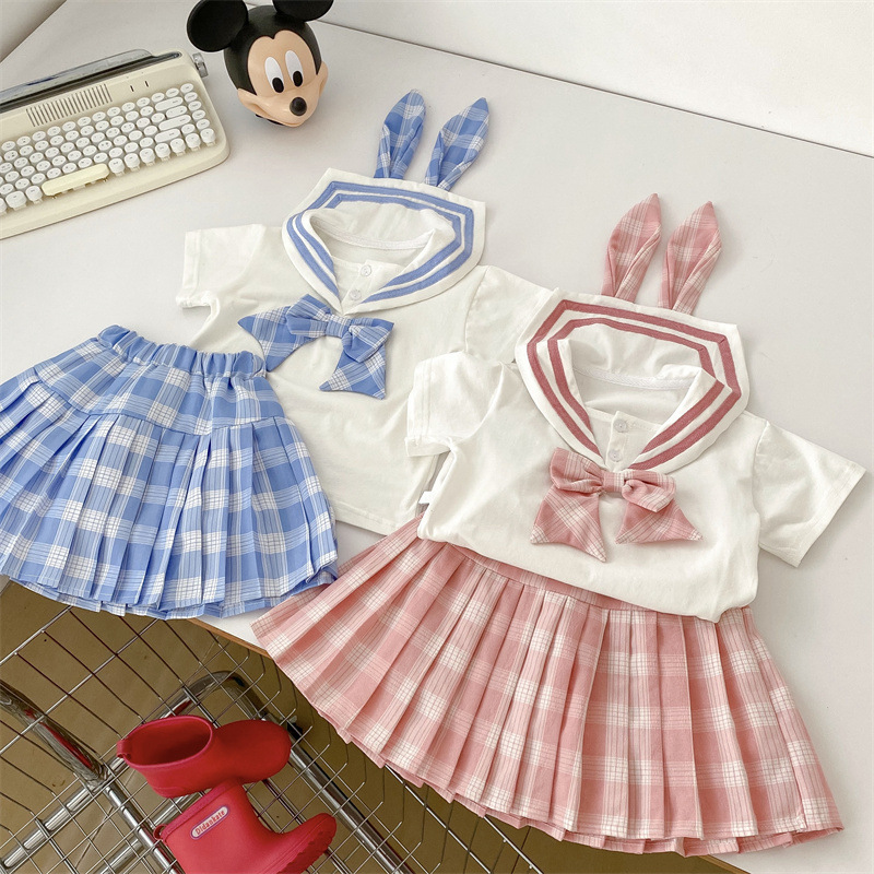 Picture of JK style Korean College pleated skirt woven children's clothing summer children's baby girl 2024 new online celebrity two-piece set suit