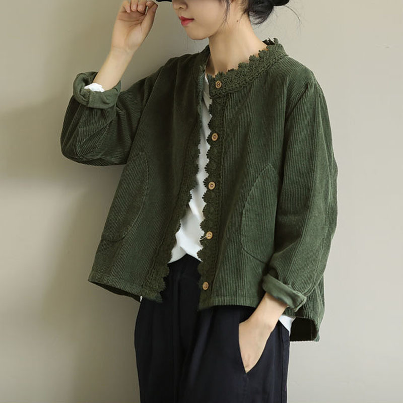 plus size Loose Artistic Long-sleeved Round Neck Coat Spring New Solid Color Corduroy Lace All-match Short Coat