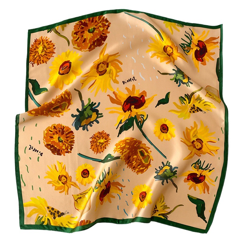 Silk Scarf Autumn New Mulberry Silk Small Square Scarf South Korea Fashion Women Sunflower Vintage Scarf