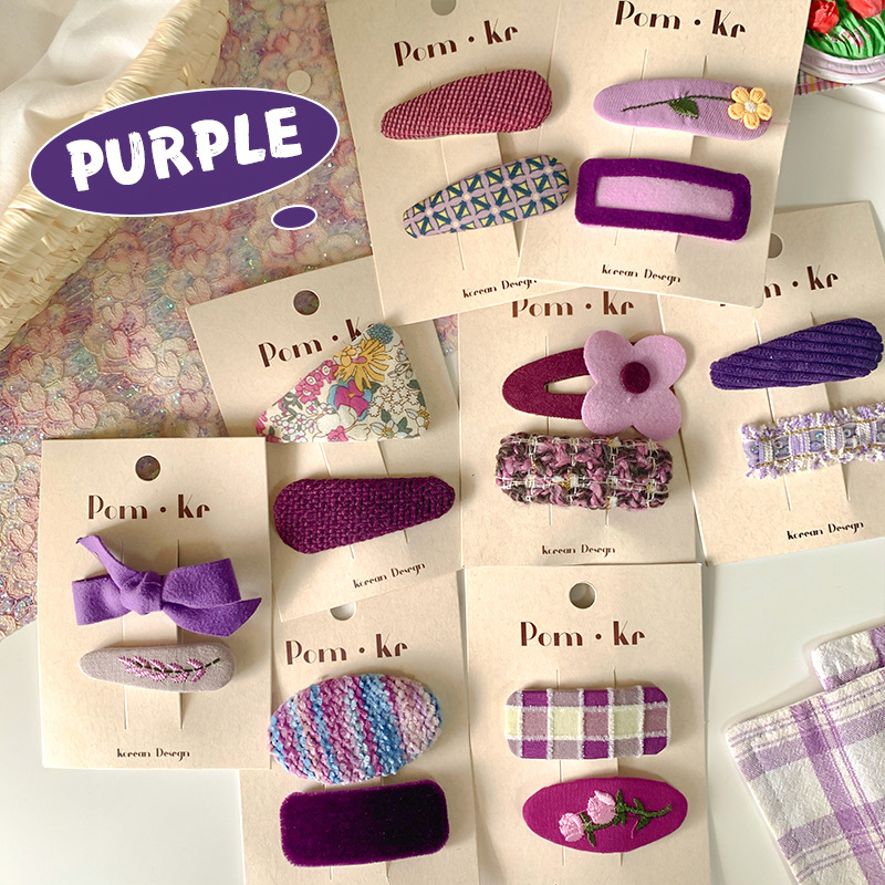 Korean Purple Hand-Woven Fabric Hairpin Cute Girls Floral Hairpin Plaid Bow Headdress Hair Accessories