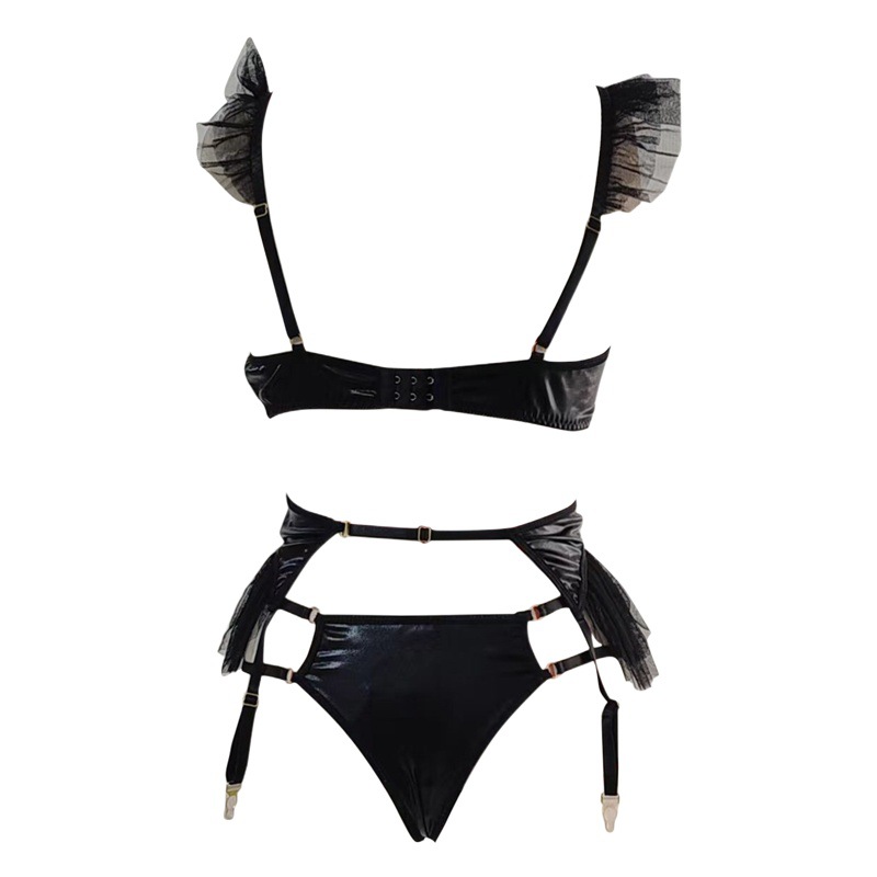 Foreign trade sources cross-border Europe and the United States Amazon new sexy patent leather mesh puffy edge sexy underwear three-piece set