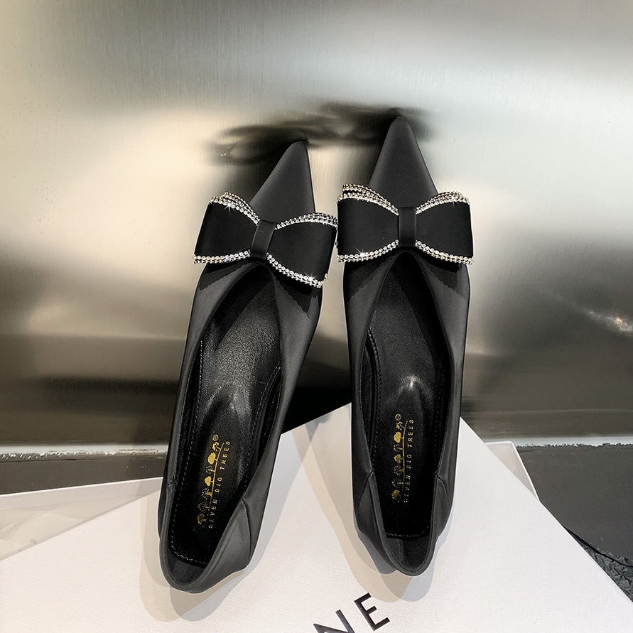 2873-H36 Korean Fashion Comfortable Flat Shoes Shallow Mouth Pointed Satin Rhinestone Bow Flat Heeled Shoes Women's Shoes