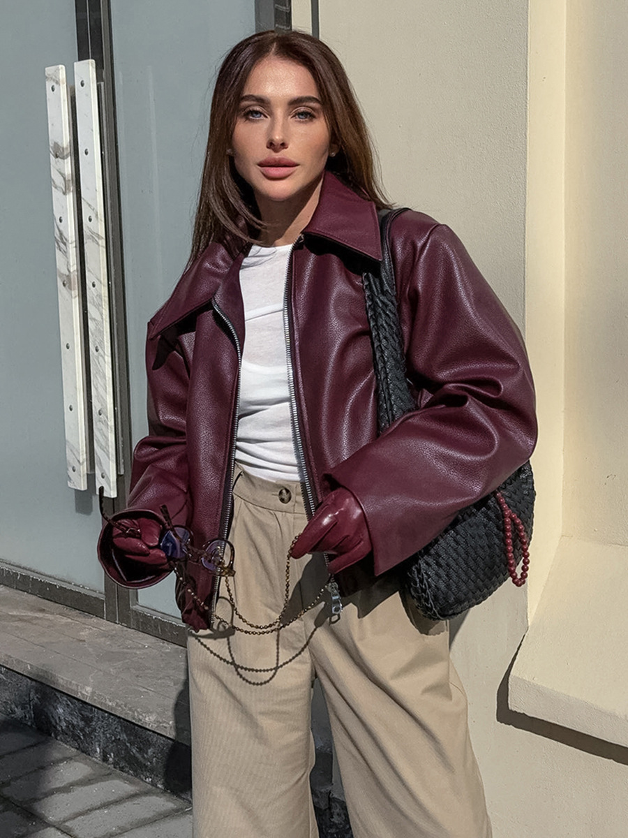 Picture of Retro Motorcycle Style Burgundy Leather Jacket for Women 2025 Autum European and American Fashionable Matte Leather Jacket Cross-Border Women's Clothing