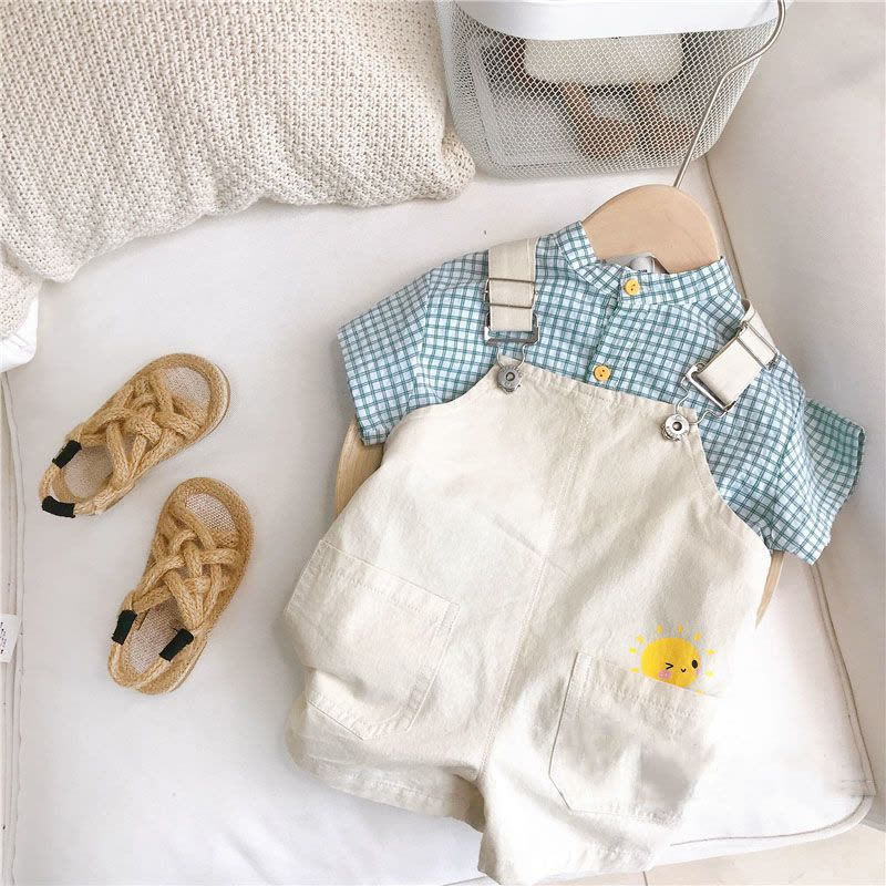 Summer Small Fresh ~ Korean Style Children's Plaid Shirt Strap Pants Suit Summer Boys Suit Thin ins Fashion