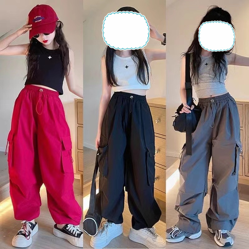 Girls' Trousers 6-12 Years Old Fashionable Workwear Pants 2024 New Spring and Autumn Girls' Jazz Street Dance Wide Leg Pants Fashionable