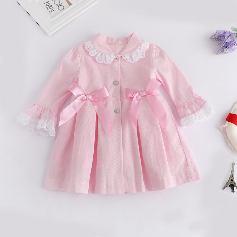 Pink dress Coat Ins Cross-border Children's Wear Spring and Autumn New Children's Dress Lace Flare Sleeve Princess Dress Bow
