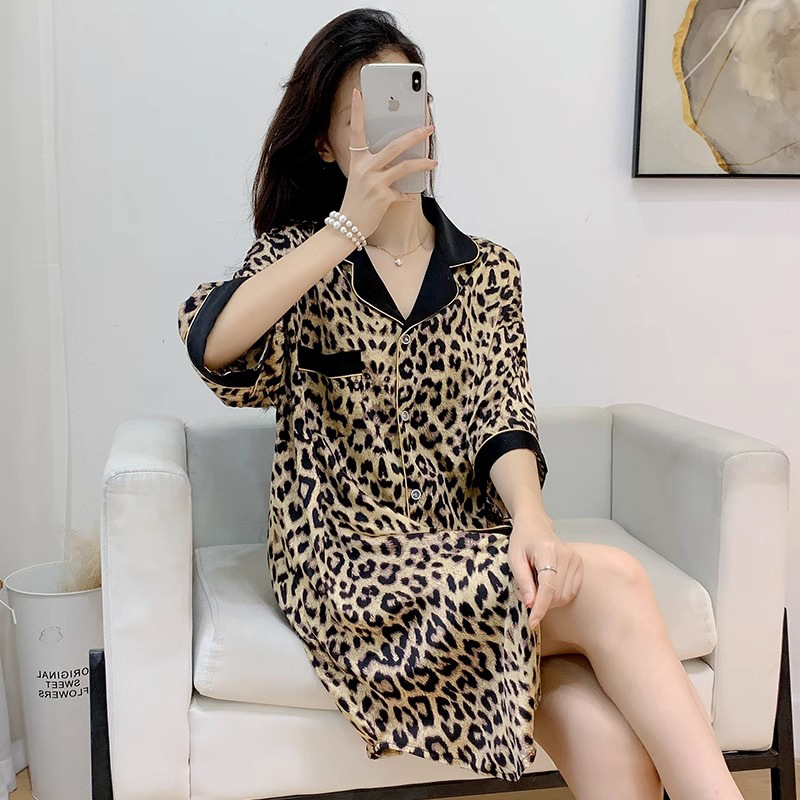 Picture of New Ice Silk Nightdress Women Summer Thin Leopard Print Loose plus size Shirt Dress Sexy Pajamas Women Home Clothes Wholesale