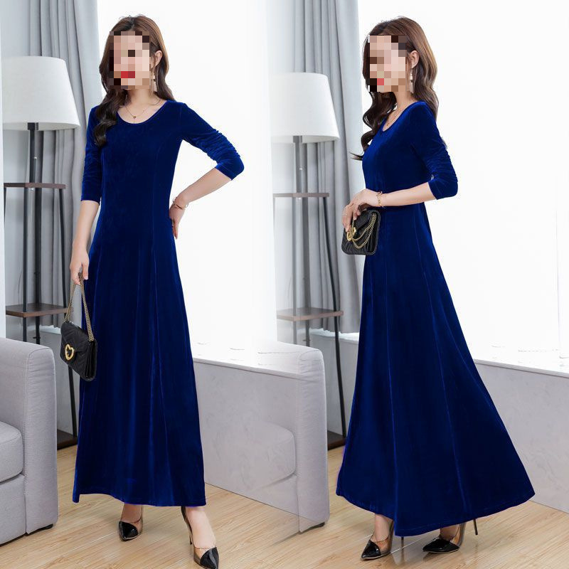 Cross-border Spring Autumn Winter New Arrival Gold Velvet dress Elegant Long Round Neck Long-sleeved Cheongsam plus size Women's Bottoming Trend