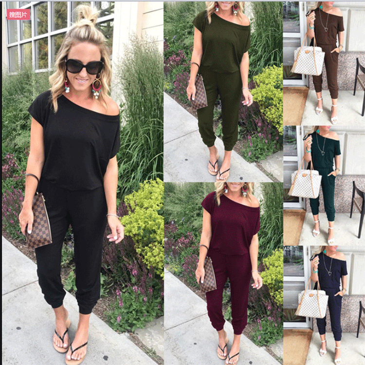2025Wish European and American Export Women's Clothing Amazon Spring and Summer Fashion Short-Sleeved Jumpsuits Casual Pants Suits for Women