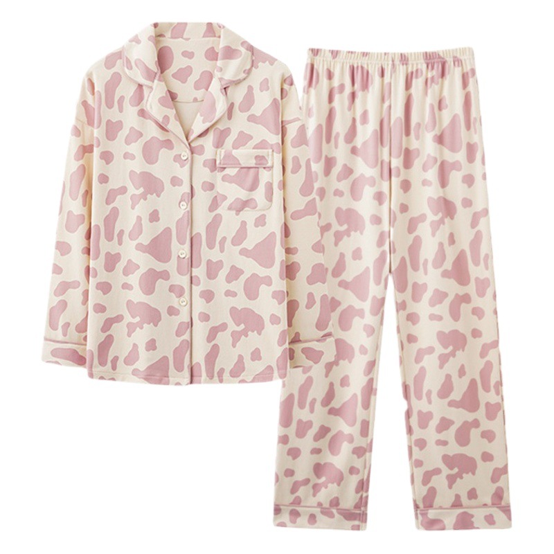 Autumn and Winter Long Sleeve Pajamas Women's Lapel Suit Pink Cow Trousers Home Clothes Spring and Autumn Outer Wearing Large Size Foreign Trade