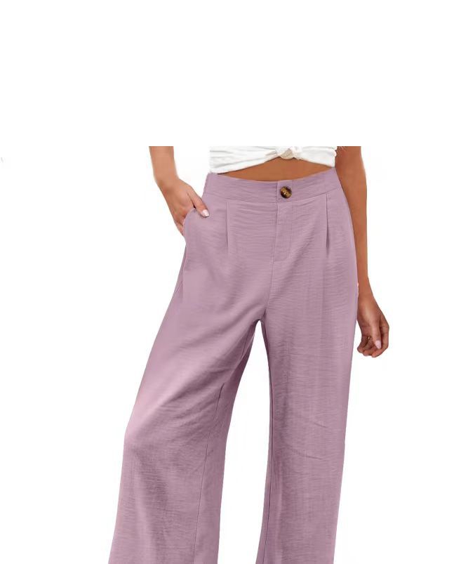 Picture of 2025 Cross-Border Amazon European and American Summer Plaid High Waist Trousers Button Elastic Waist Wide Leg Pants Women's Casual Straight-Leg Pants