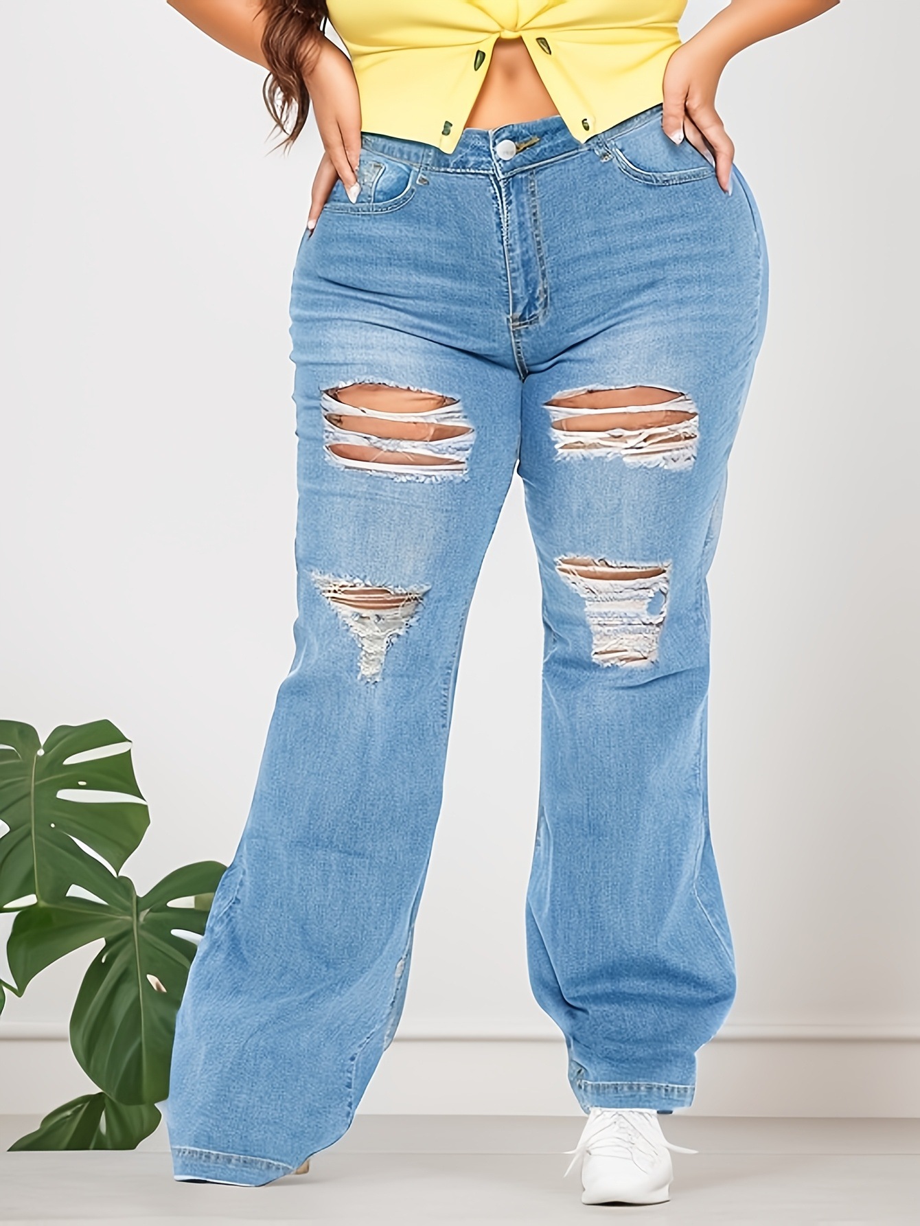 European and American Plus-Size Fashion Ripped Jeans Spring and Summer New Style Personality Street Flared Floor-Length Casual Trendy Pants