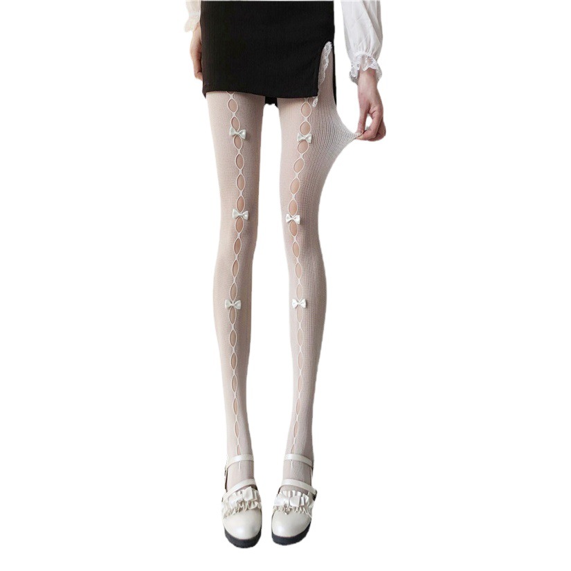 Beautiful Lolita handmade bow stockings women's Japanese JK White pantyhose sexy hollow black silk wholesale