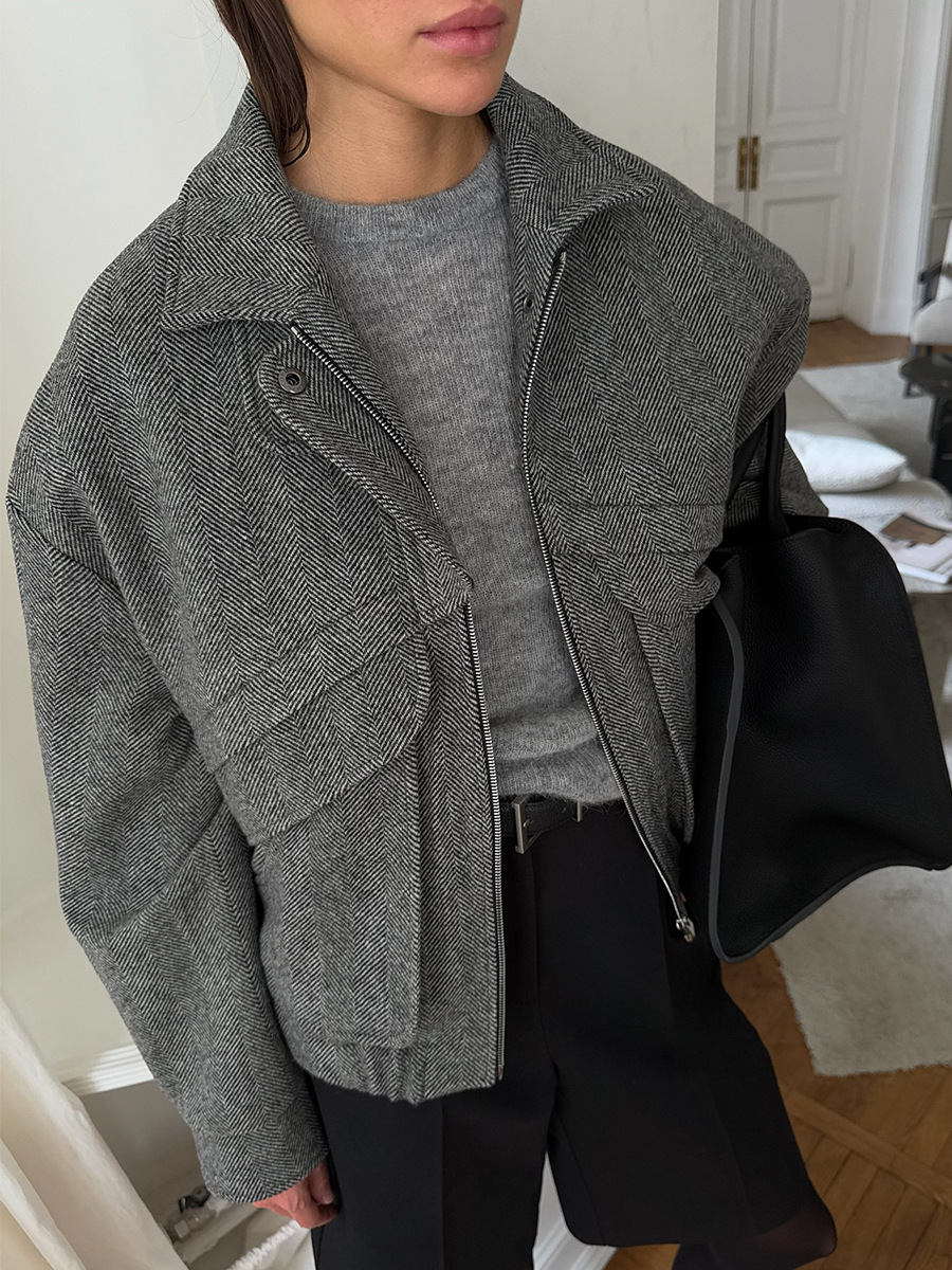 Picture of Cross-border herringbone pattern stand-up collar jacket Europe and the United States 2025 autumn/winter new zippered top with pocket loose woolen jacket