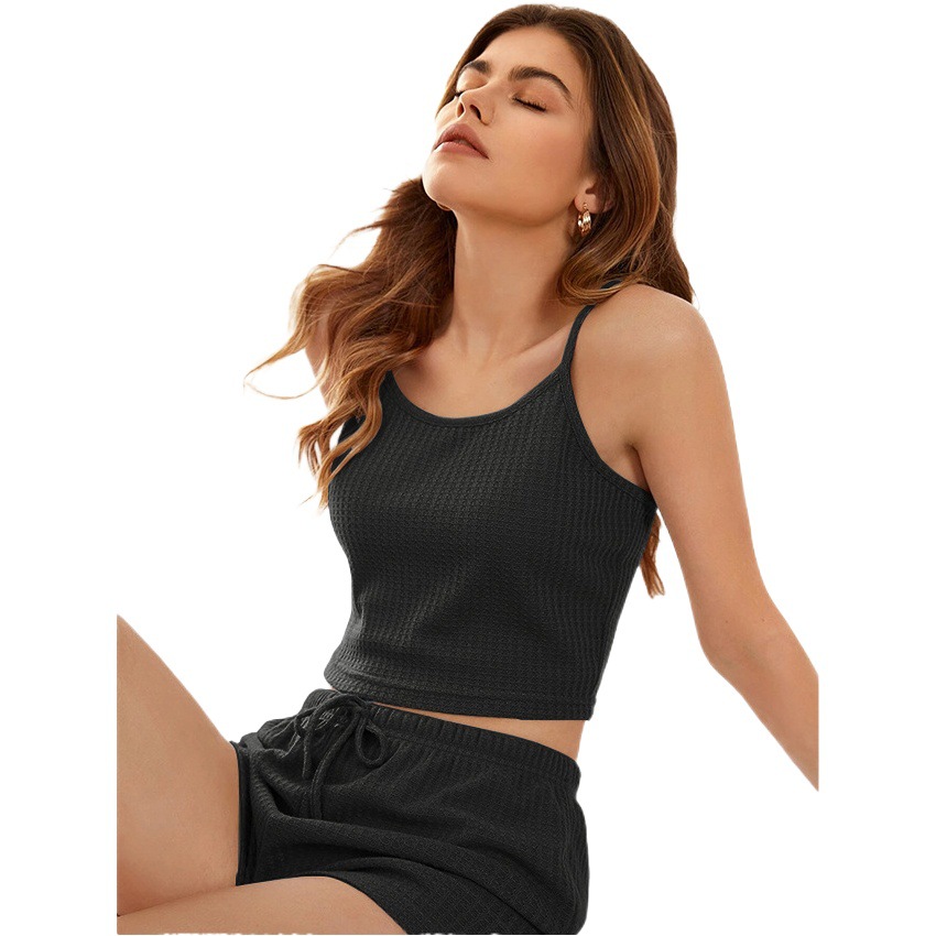 European and American Cross-Border Amazon Home Wear Summer Waffle Breathable Midriff-Baring Camisole Shorts Pajamas for Women French Style
