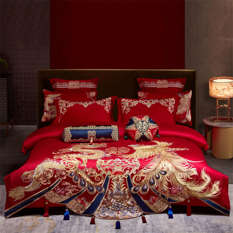 Picture of High-end wedding 160 long-staple cotton embroidery wedding four-piece cotton satin red six-piece/ten-piece set