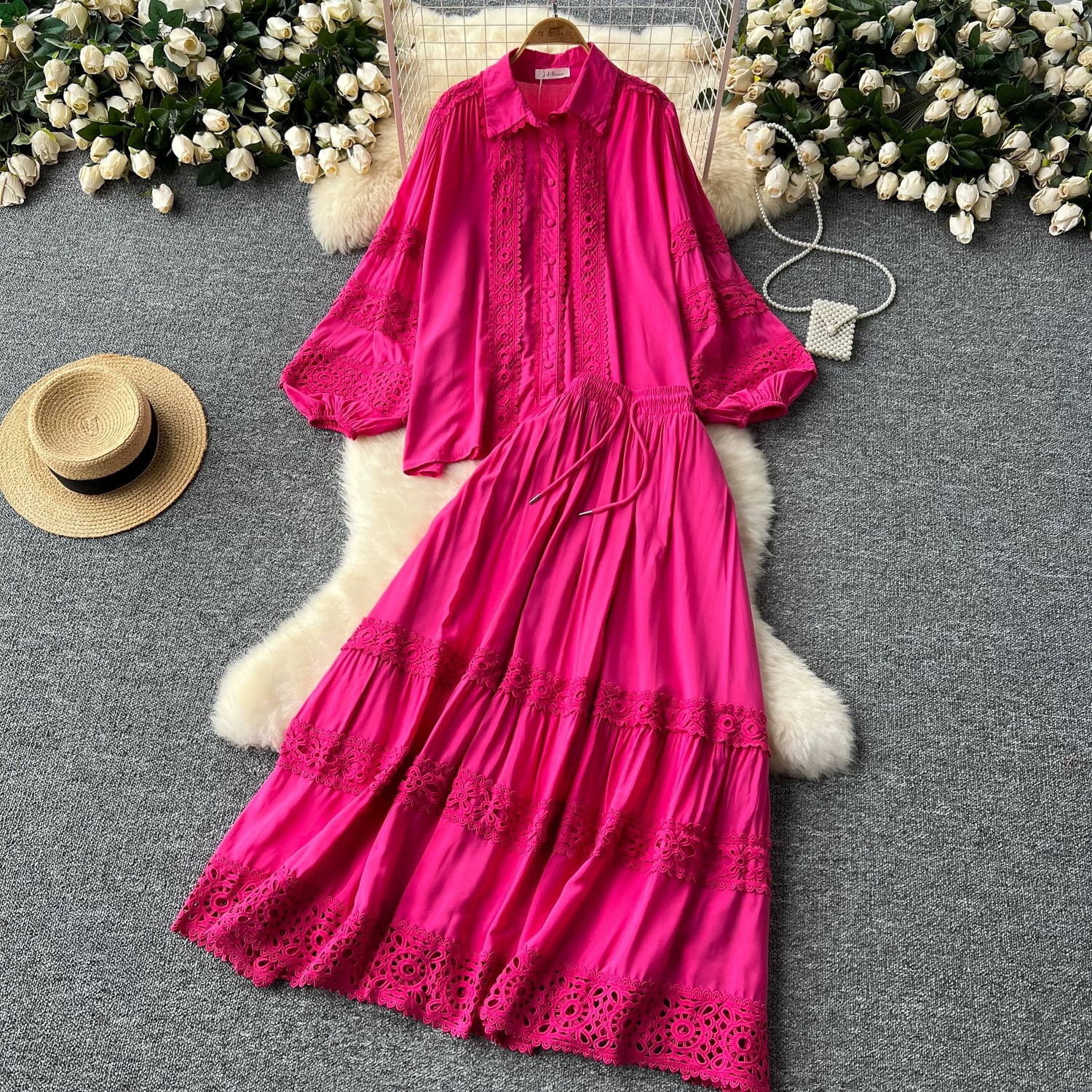 Cross-border Age-reducing Set-feeling Hollow-out Lace Stitching Lantern Long-sleeved Shirt High Waist Slimming Large Swing Skirt for Women