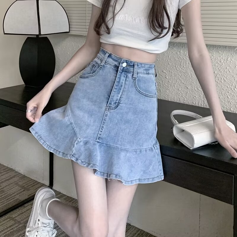 Niche Skirt High Waist Sweet Spicy Denim Skirt Women's Summer Small Slim A- line Hip Ruffled Skirt