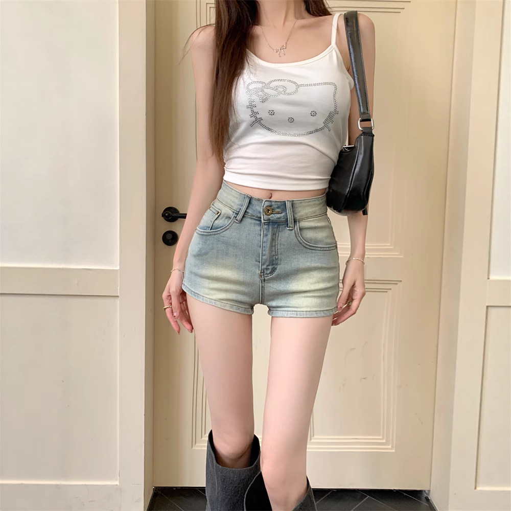 Tight-Fitting High-Waisted Denim Shorts for Women, Summer Sexy Petite Hip-Hugging Ultra-Short Shorts, Distressed Washed Hot Pants