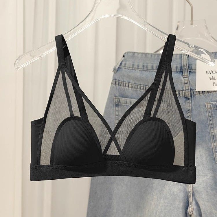 French-Style Summer Women's Thin Bra for Small Busts, Sexy Ultra-Thin Breathable Bra with Triangle Cups, Wireless, Makes Large Busts Appear Smaller