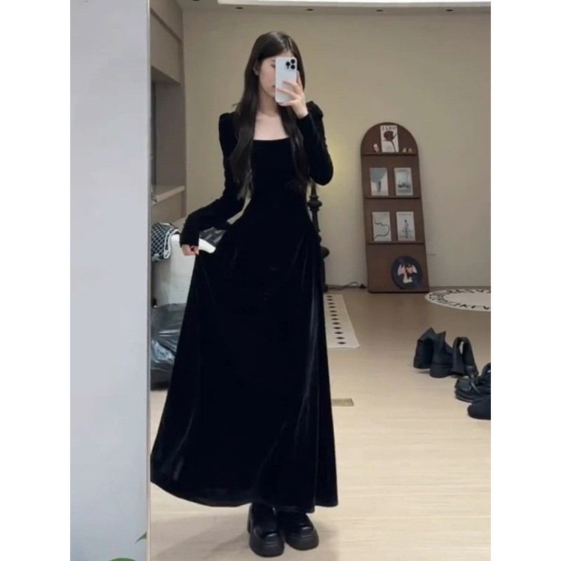 French Temperament Socialite High-class Black Velvet dress Women's Early Spring Inner Birthday Annual Meeting Evening Dress