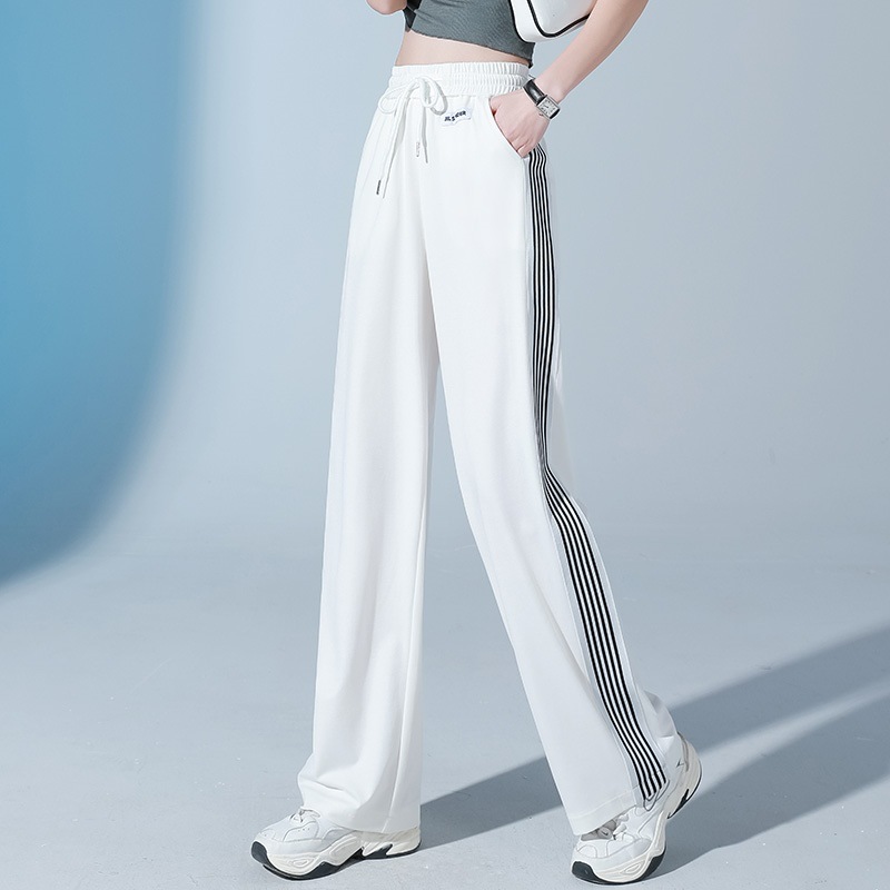 Ice Silk Quick-drying Sports Pants Women's Summer Thin Drapingly High Waist Straight White Side Striped Wide-leg Trousers