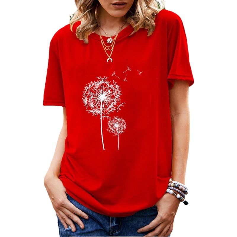 Amazon cross-border Women's simple monochrome dandelion pattern loose pullover trendy cotton short sleeve t-shirt