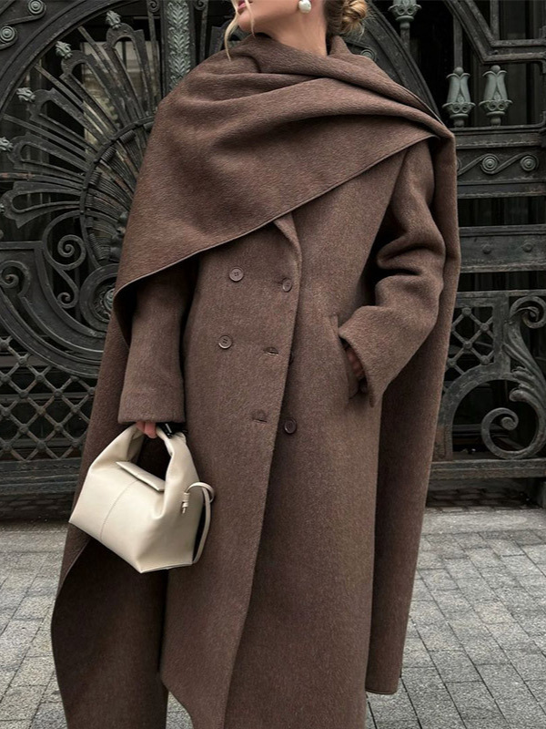 2024 European and American Cross-border Scarf Collar Coat Coat Cloak Long Retro Coat Coat Grey Autumn and Winter Fashion