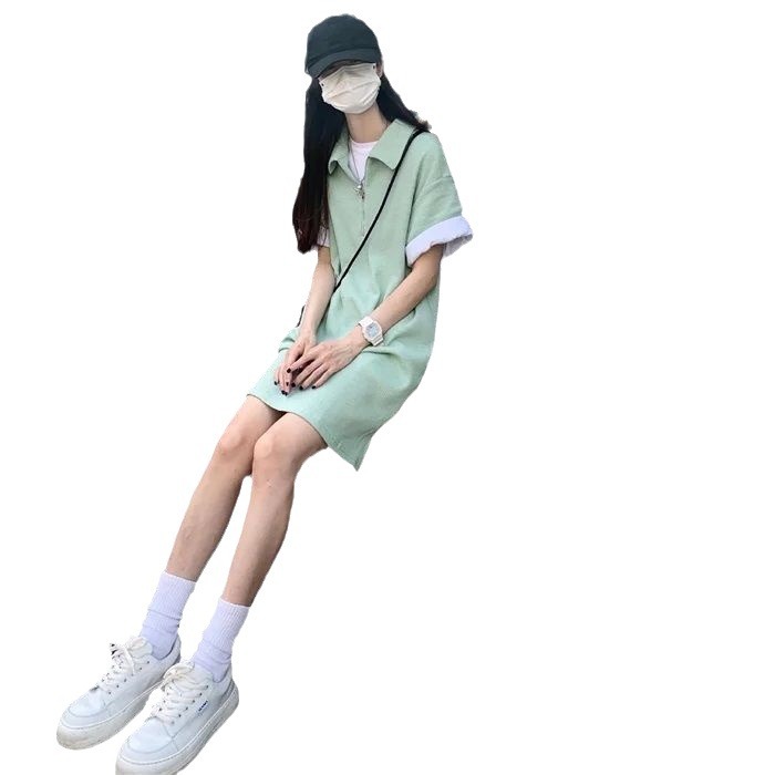 Picture of Japanese Girl's Mint Green dress Sense Niche Waffles Loose Straight Skirt Polo Collar Age-reducing Skirt