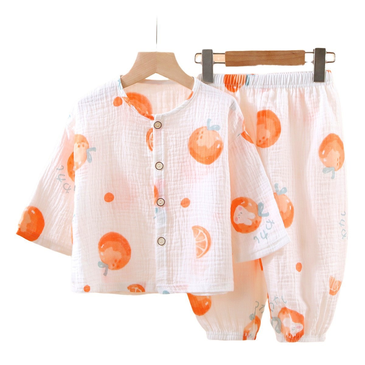 Picture of New Kidsren's Thin Double-Layer Pure Cotton Gauze Pajamas Summer Baby Home Clothes Boys and Girls Long-Sleeved Spring & Fall Suits