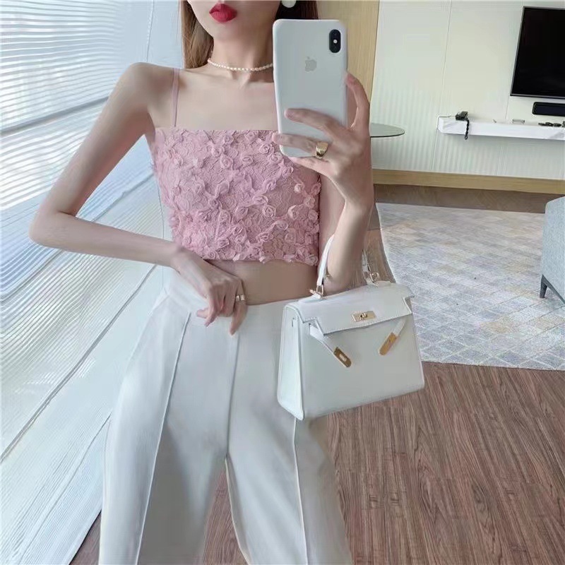 Three-dimensional Rose Petal Camisole French Style Outer Wearing Bottoming Tube Top with Chest Pad Summer Beautiful Back Underwear
