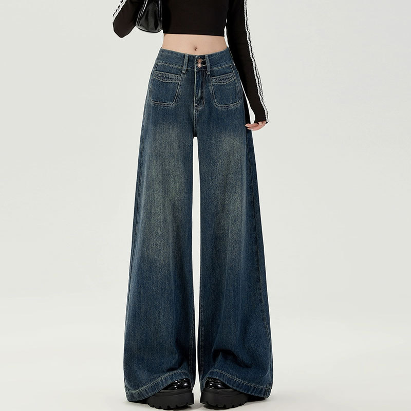 Double Buckle Design Rear Leather Label High Waist Pear-Shaped Wide-Leg Trousers Loose Vintage Straight Jeans Women