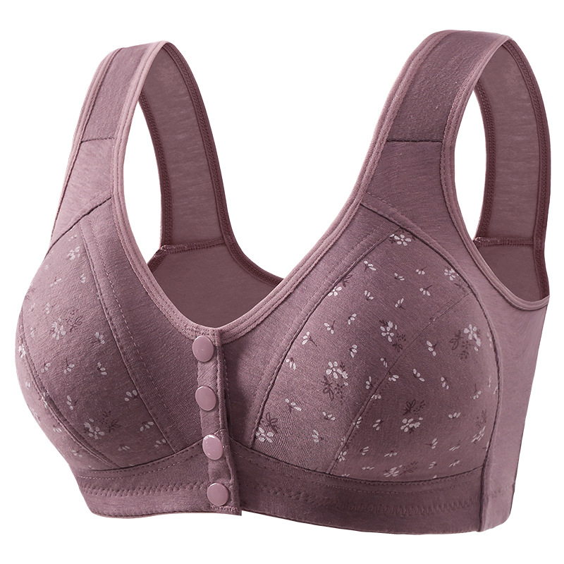 Middle-aged and elderly mother bra sports no steel ring printing front buckle thin underwear women's cotton bra plus size new