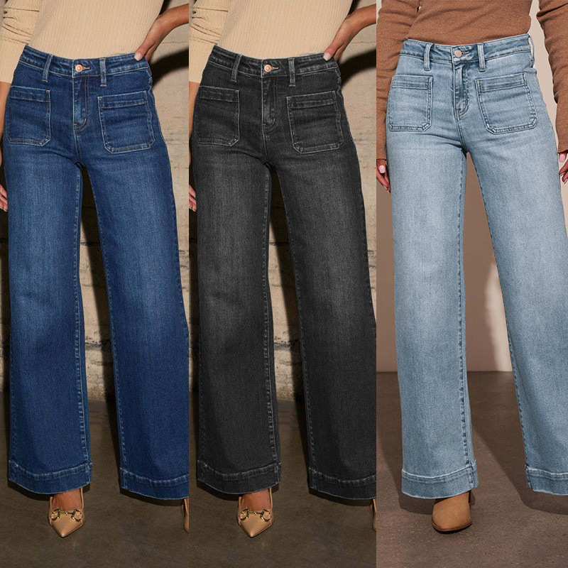 European Station European and American Cross-border 2025 Spring New Retro Blue Straight Jeans Women's High-end Elegant Wide Leg Pants