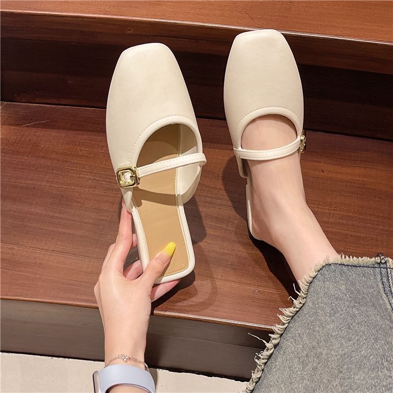 High-value New Style Baotou Slippers Women's Outer Wear Korean-style Hollow Fashion Gold Button Shallow Mule Casual Flat Slippers